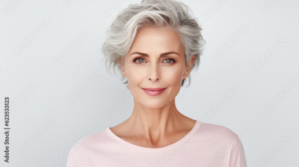 Beautiful portrait of a 50s mid aged mature woman looking at camera isolated on white background