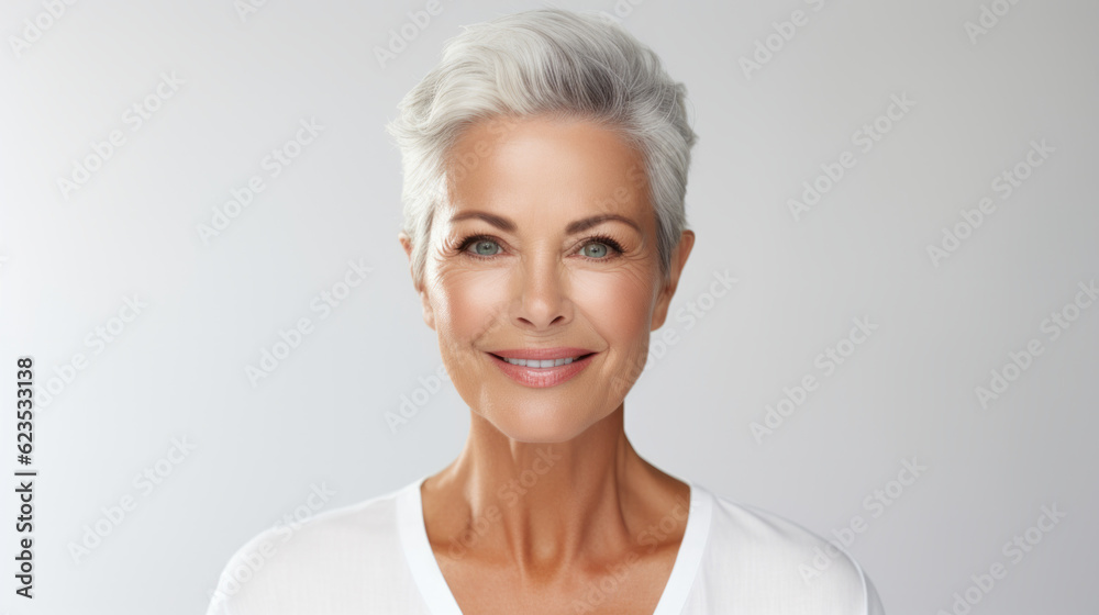 Beautiful portrait of a 50s mid aged mature woman looking at camera isolated on white background Beautiful portrait of a 50s mid aged mature woman looking at camera isolated on white background