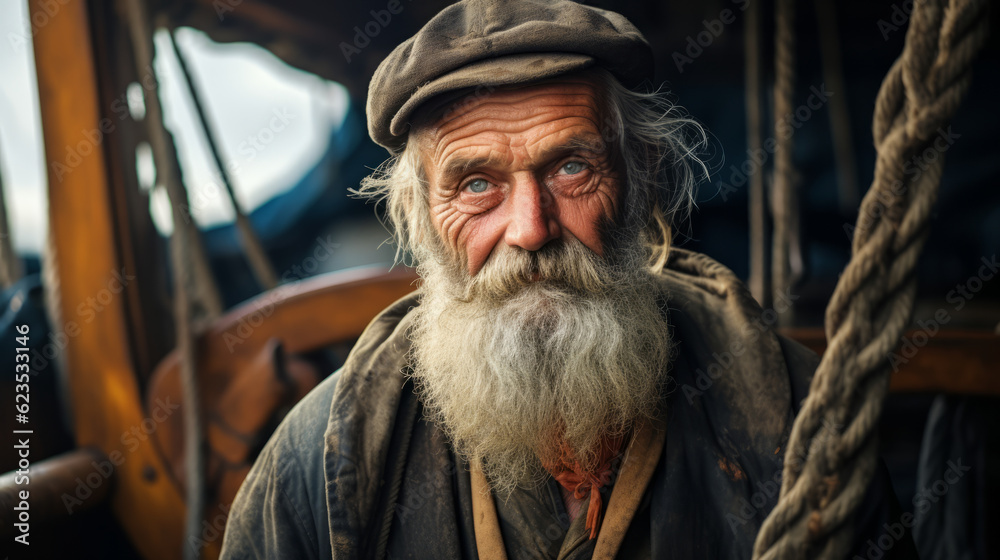 Portrait of an old sailor man with white beard on a boat