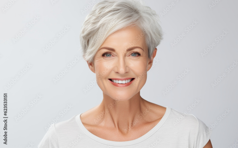 Beautiful portrait of a 50s mid aged mature woman looking at camera isolated on white background Beautiful portrait of a 50s mid aged mature woman looking at camera isolated on white background