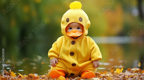 Baby with farm animal Halloween costume of a duck