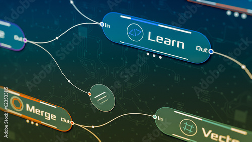 Node system, neural network model, machine learning, programming ai, big data flow, software development (3d render)