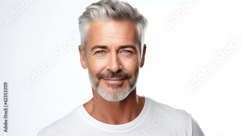 Beautiful portrait of a 50s mid aged mature man looking at camera isolated on white background