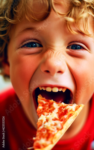 Cute and smiling little boy eats a tasty slice of pizza