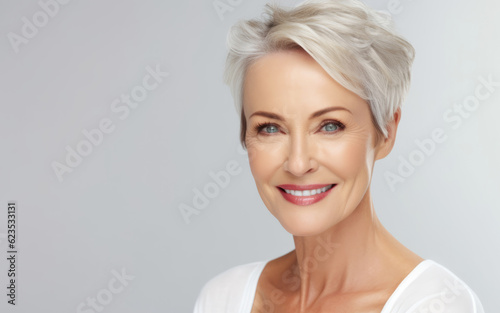 Beautiful portrait of a 50s mid aged mature woman looking at camera isolated on white background