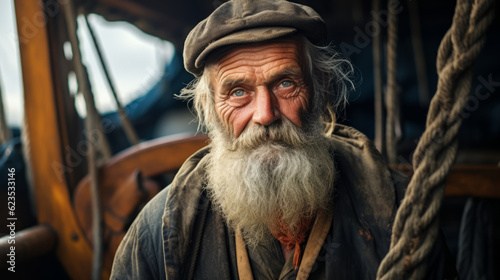 Portrait of an old sailor man with white beard on a boat