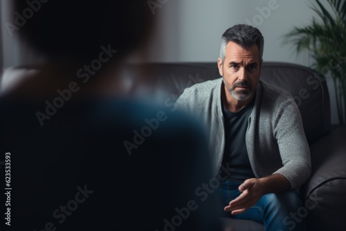 Depressed man on at appointment with experienced psychologist woman psychology female therapist specialist doctor psychiatry mental help support session clinic consultation survey depression disorder