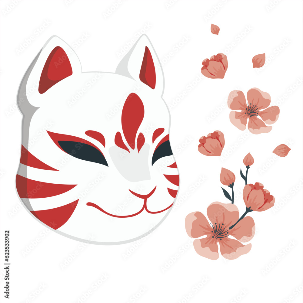 Kitsune mask with jingle bells on black background. Traditional