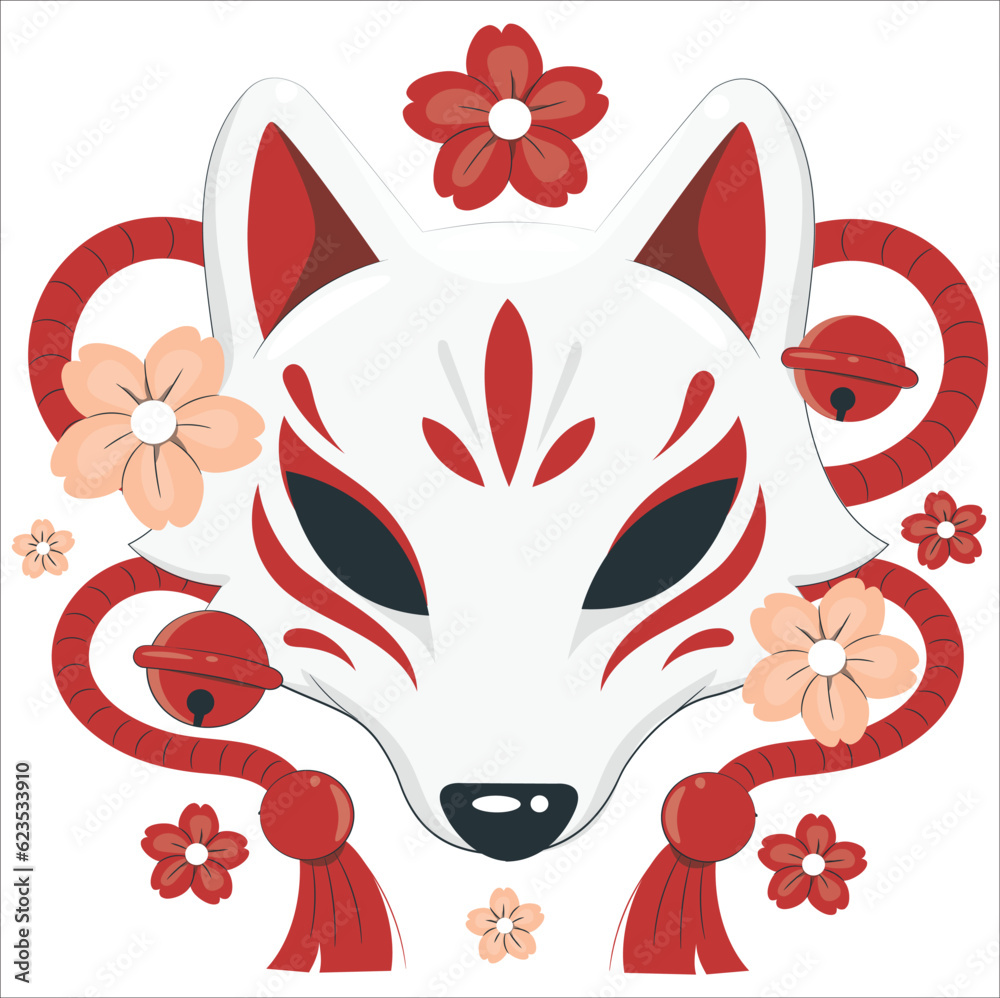 Kitsune mask with sakura flower hand drawn vector illustration ...