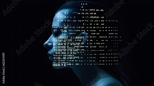 The concept of human-computer interaction - HCI. A person with binary code projected onto their face, the intimate interplay between humans and digital technology in digitized world. Generative AI