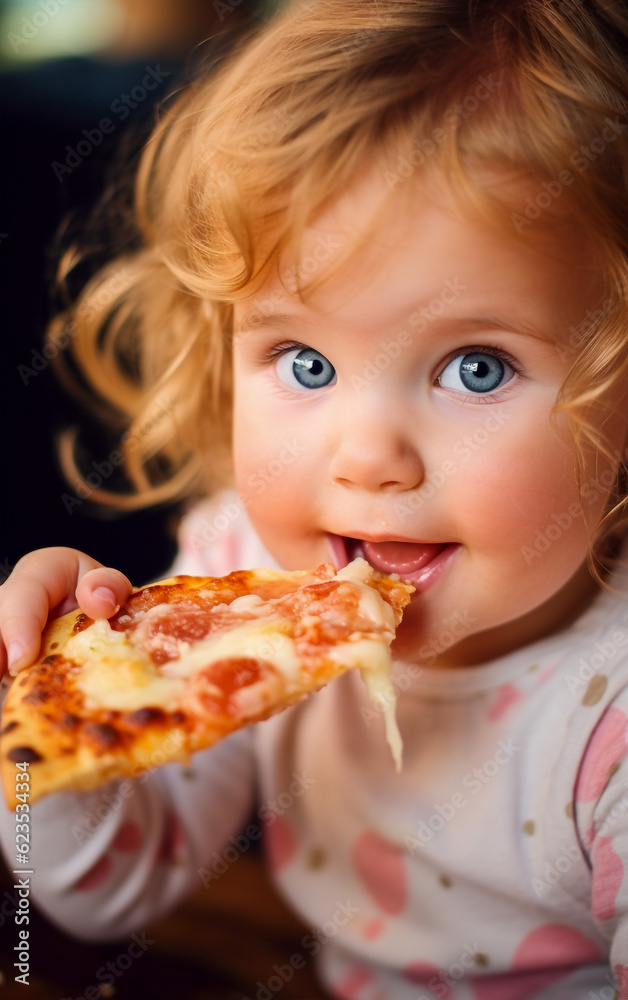 Cute and smiling little girl eats a tasty slice of pizza Cute and smiling little girl eats a tasty slice of pizza