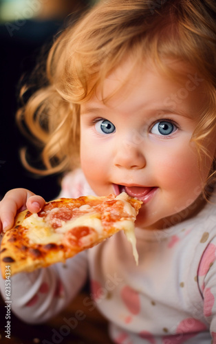 Cute and smiling little girl eats a tasty slice of pizza