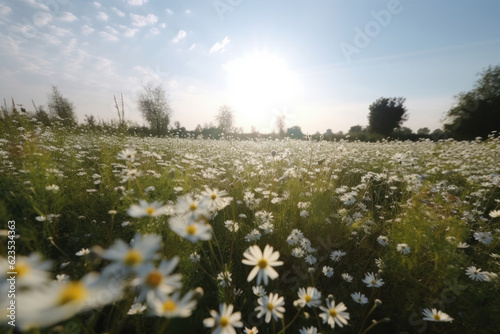 A beautiful and colorful landscape of a field filled with pink and white flowers in full bloom under a blue sky and sunlight. AI Generative.