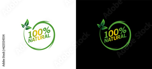 100% natural vector logo or badge template for natural products with creative green leaves