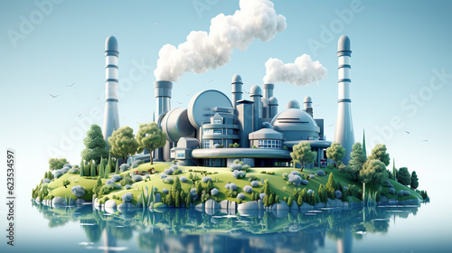 Sustainable Energy: Visualizing a Modern Power Plant amidst a Natural Green Landscape, Generative AI