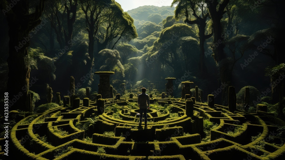 A man standing in the middle of a maze surrounded by trees