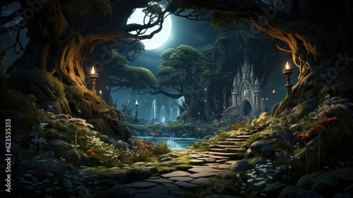 A beautiful fairytale enchanted forest with big trees and great vegetation. Digital painting background © FryArt Studio