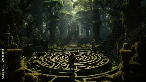 A man standing in the middle of a maze surrounded by trees