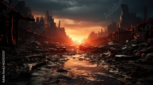 A post-apocalyptic ruined city. Destroyed buildings, burnt-out vehicles and ruined roads