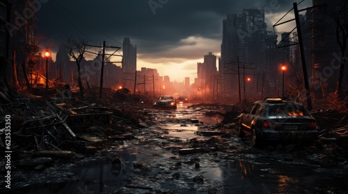 A post-apocalyptic ruined city. Destroyed buildings, burnt-out vehicles and ruined roads