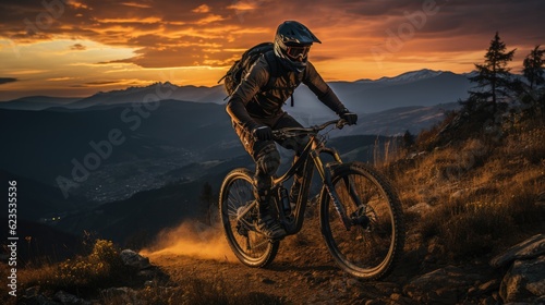 Mountain biking in sunset view back © FryArt Studio