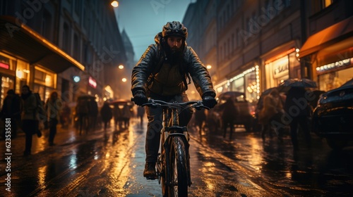 The energy and excitement of a city street in a close-up shot of a cyclist