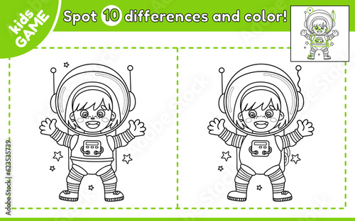 Kids game Spot 10 differences. Find differences and color the picture. Page of coloring book on space theme. Cartoon astronaut girl. Educational game for preschool and school children. Vector outline.