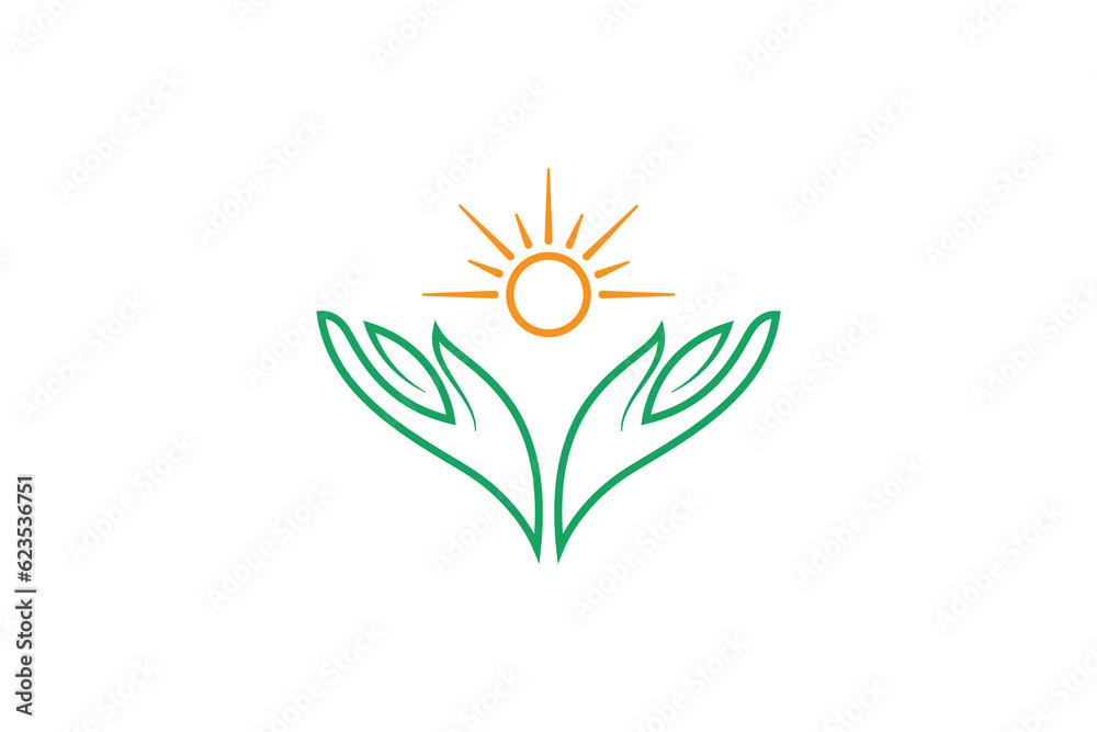 Hand logo with Leaf and Sunrise design combination
