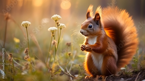 Cute squirrel and beautiful flowers in the garden. AI generated photo