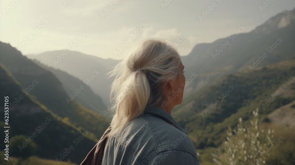 ai generative back view of an elderly lonely woman enjoying a day in nature with freedom ai generative back view of an elderly lonely woman enjoying a day in nature with freedom
