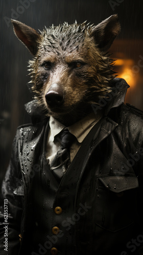 A bear dressed in a suit and tie standing in the rain. Generative AI.