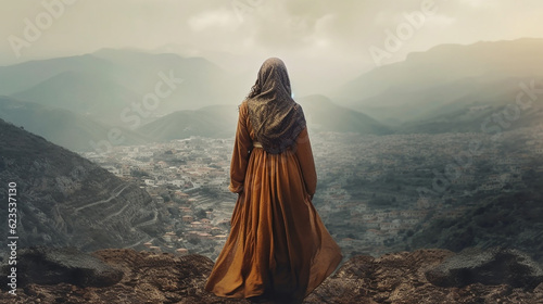 ai generative back view of arabic woman with a wild mountain as background 