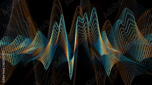 Synthwave and retrowave style music animation 120bpm, retro fade colored equalizer visual lined sound waves, 3d line graphic