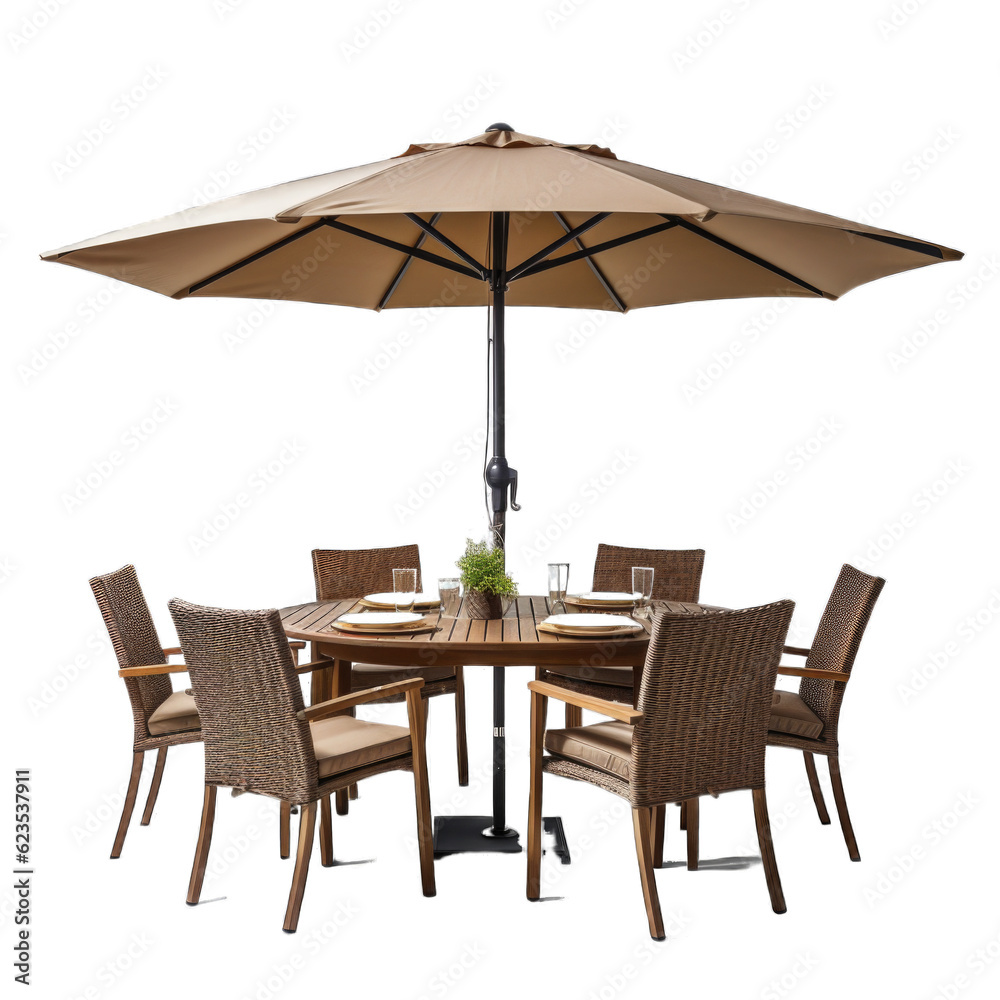 Garden modular dining set with umbrella isolated on transparent background. Generative AI Garden modular dining set with umbrella isolated on transparent background. Generative AI