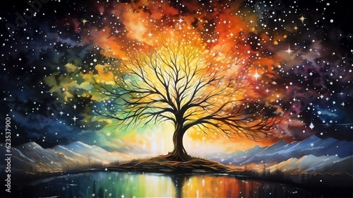 rainbow tree , fantasy , night sky with stars , generative AI