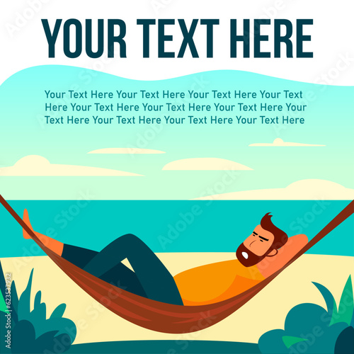 Man lying on hammock at beach with texts banner, flat style vector illustration, Your texts banner, tropical theme texts banner , man chilling on swing ,hanging bed stock vector image
