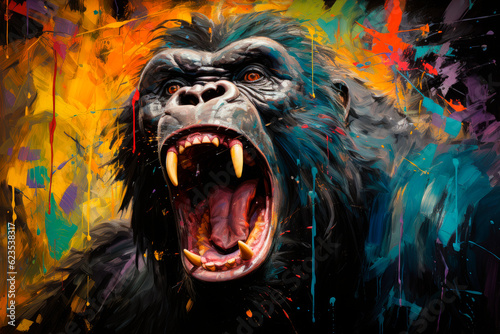 Portrait of angry ferocious gorilla. AI generated.