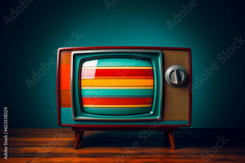 Retro TV set displaying colored striped screen. AI generated.