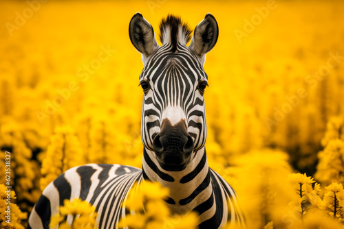 Zebra standing in a blooming rapeseed field. AI generated.