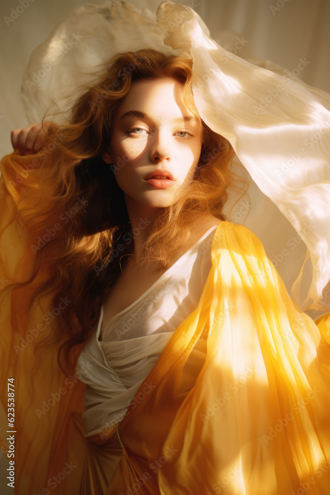 portrait of a woman/model/book character standing by a window in warm daylight with a thoughtful/sad expression in a fashion/beauty editorial magazine style film photography look - generative ai art portrait of a woman/model/book character standing by a window in warm daylight with a thoughtful/sad expression in a fashion/beauty editorial magazine style film photography look - generative ai art