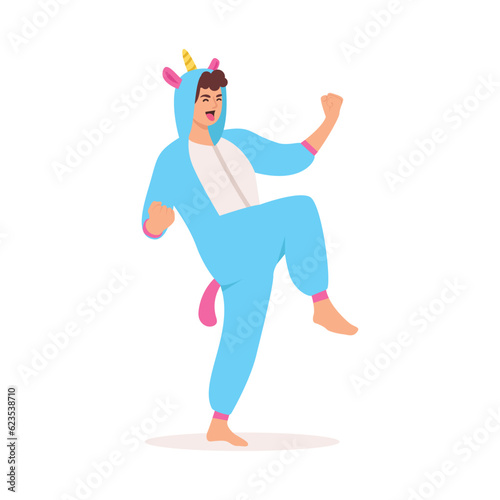 funny young man in kigurumi with unicorn. Male character standing in an animal costume. Flat vector illustration isolated on white background