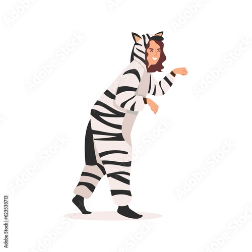Funny young girl in kigurumi with zebra. Female character standing in an animal costume. Flat vector illustration isolated on white background