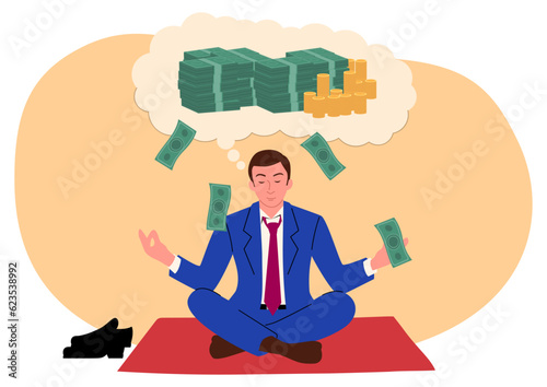 Clip art of a businessman does yoga in his office to channel his mind to gain money, vector illustration 
