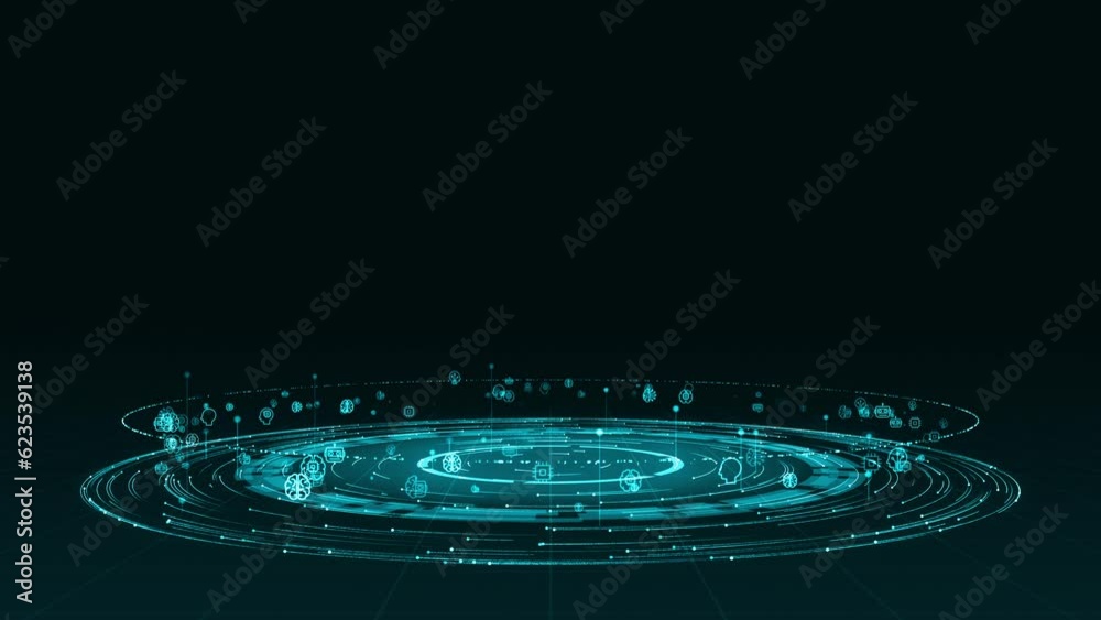 Motion graphic of Blue digital AI icon with particle ring circle rotation and ai technology icon on futuristic abstract background artificial intelligence technology and machine learning concepts
