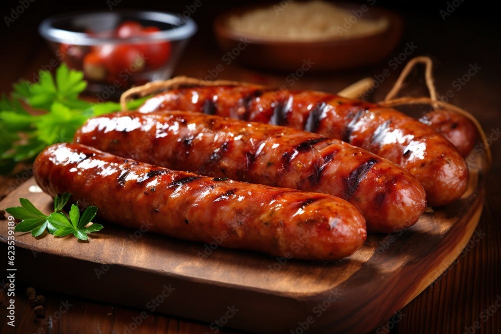 Barbecue sausage on wood table, the grill on background, barbecue party food, brazilian barbecue. Barbecue sausage on wood table, the grill on background, barbecue party food, brazilian barbecue.