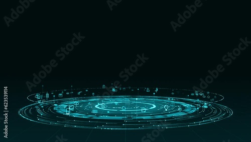 Motion graphic of Blue digital particle ring circle rotation with ai technology icon on futuristic abstract background generation of connection concepts