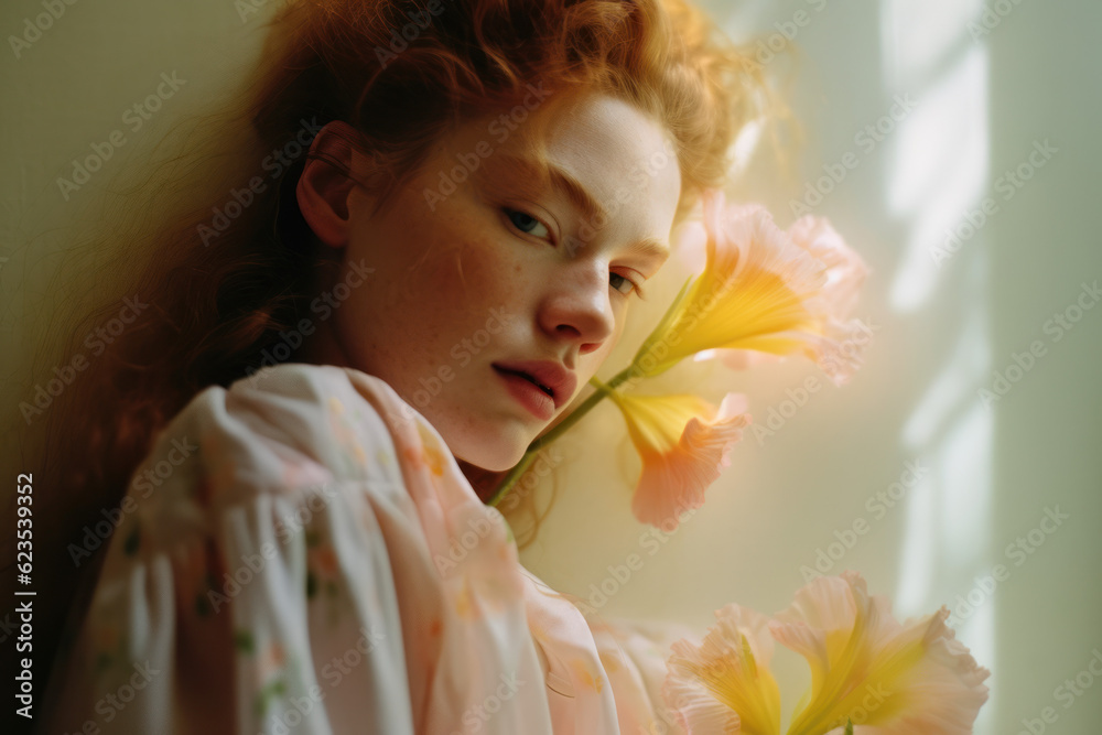 portrait of a woman/model/book character standing by a window in shadows with a thoughtful/sad expression in a fashion/beauty editorial magazine style film photography look - generative ai art portrait of a woman/model/book character standing by a window in shadows with a thoughtful/sad expression in a fashion/beauty editorial magazine style film photography look - generative ai art