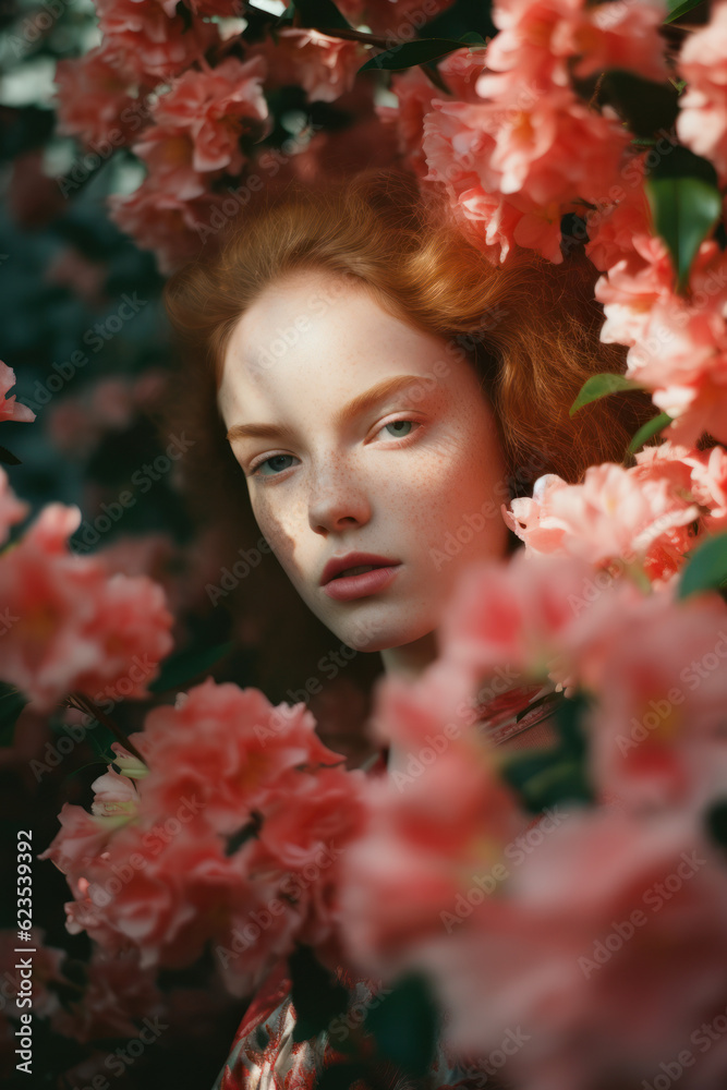 portrait of a woman/model/book character surrounded by flowers in warm daylight with a thoughtful expression in a fashion/beauty editorial magazine style film photography look - generative ai art portrait of a woman/model/book character surrounded by flowers in warm daylight with a thoughtful expression in a fashion/beauty editorial magazine style film photography look - generative ai art