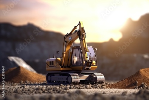photos of heavy construction equipment, excavators on construction site