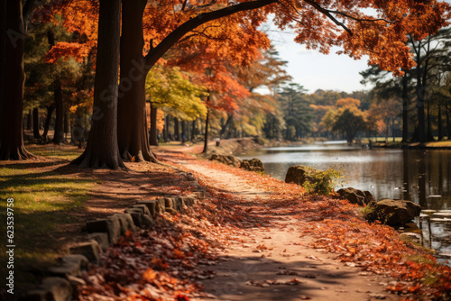 Autumn forest landscape, orange golden foliage in park, fall wallpaper, AI Generated